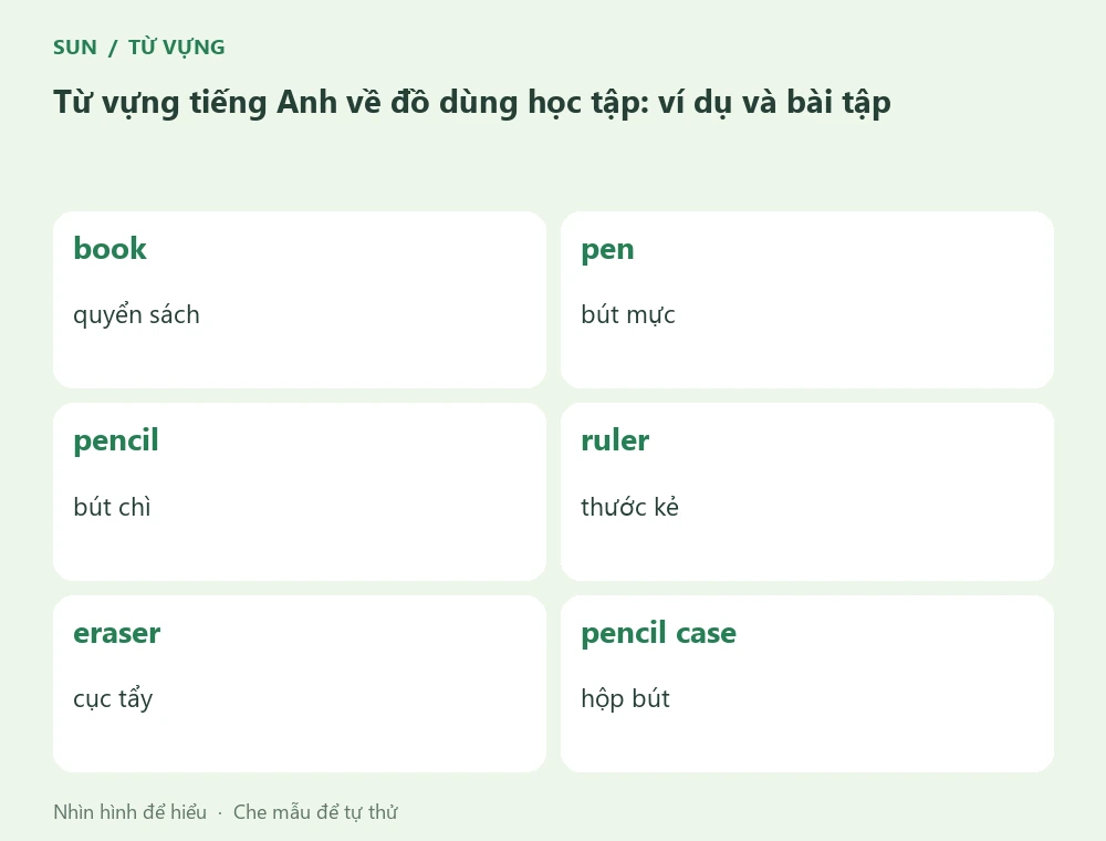 Bảng minh họa Từ vựng tiếng Anh về đồ dùng học tập: ví dụ và bài tập: book, pen, pencil, ruler, eraser, pencil case
